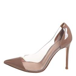 Pre Owned Gianvito Rossi Beige Patent Leather And PVC Plexi Pointed Toe Pumps Size 37.5