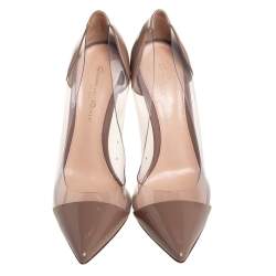 Pre Owned Gianvito Rossi Beige Patent Leather And PVC Plexi Pointed Toe Pumps Size 37.5
