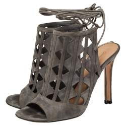 Pre Owned Gianvito Rossi Grey Suede Cutout Maxine Ankle Wrap Sandals Size 37.5