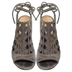 Pre Owned Gianvito Rossi Grey Suede Cutout Maxine Ankle Wrap Sandals Size 37.5