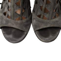 Pre Owned Gianvito Rossi Grey Suede Cutout Maxine Ankle Wrap Sandals Size 37.5