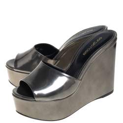 Pre Owned Gianvito Rossi Olive Green Patent Leather Wedge Platform Sandals Size 37