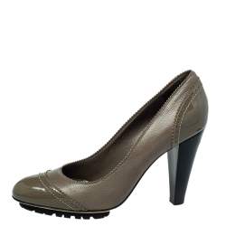 Pre Owned Gianvito Rossi Grey Leather And Patent Block Heel Pumps Size 38