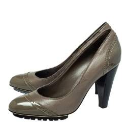 Pre Owned Gianvito Rossi Grey Leather And Patent Block Heel Pumps Size 38