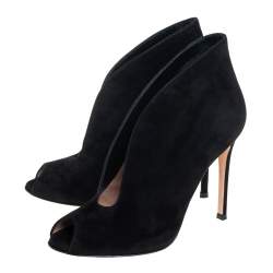 Pre Owned Gianvito Rossi Black Suede Vamp Peep Toe Booties Size 35.5