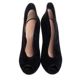 Pre Owned Gianvito Rossi Black Suede Vamp Peep Toe Booties Size 35.5