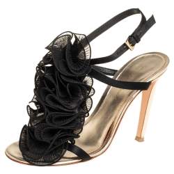 Pre Owned Gianvito Rossi Black Satin And Fabric Ruffle Sandals Size 36