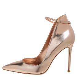 Pre Owned Gianvito Rossi Gold Leather Pointed Toe Ankle Strap Pumps Size 37.5