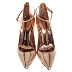 Pre Owned Gianvito Rossi Gold Leather Pointed Toe Ankle Strap Pumps Size 37.5