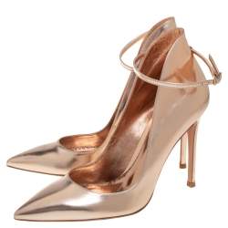 Pre Owned Gianvito Rossi Gold Leather Pointed Toe Ankle Strap Pumps Size 37.5