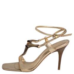 Pre Owned Gianvito Rossi Gold Leather Embellished Ankle Strap Sandals Size 37