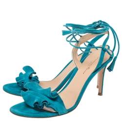 Pre Owned Gianvito Rossi Blue Suede Ruffled Ankle Wrap Sandals 40.5