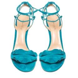Pre Owned Gianvito Rossi Blue Suede Ruffled Ankle Wrap Sandals 40.5