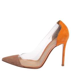 Pre Owned Gianvito Rossi Orange/Beige Suede And PVC Plexi Pumps Size 38