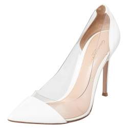 Pre Owned Gianvito Rossi White Patent Leather And PVC Plexi Pointed Toe Pumps Size 38