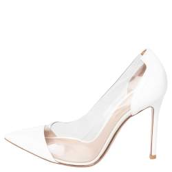 Pre Owned Gianvito Rossi White Patent Leather And PVC Plexi Pointed Toe Pumps Size 38