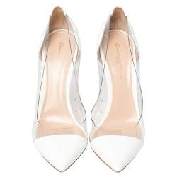 Pre Owned Gianvito Rossi White Patent Leather And PVC Plexi Pointed Toe Pumps Size 38