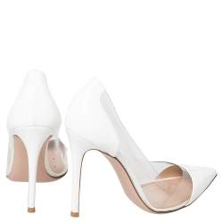 Pre Owned Gianvito Rossi White Patent Leather And PVC Plexi Pointed Toe Pumps Size 38