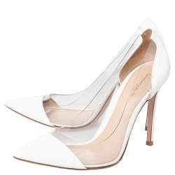 Pre Owned Gianvito Rossi White Patent Leather And PVC Plexi Pointed Toe Pumps Size 38