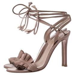 Pre Owned Gianvito Rossi Beige Leather Ruffled Ankle Wrap Sandals Size 36
