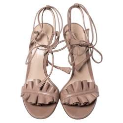 Pre Owned Gianvito Rossi Beige Leather Ruffled Ankle Wrap Sandals Size 36