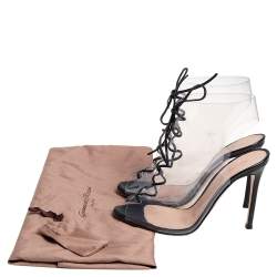 Pre Owned Gianvito Rossi Black PVC And Leather Helmut Lace Up Booties Size 36.5