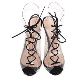 Pre Owned Gianvito Rossi Black PVC And Leather Helmut Lace Up Booties Size 36.5