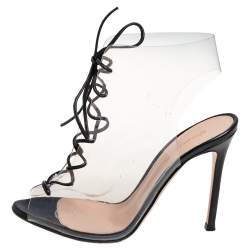 Pre Owned Gianvito Rossi Black PVC And Leather Helmut Lace Up Booties Size 36.5