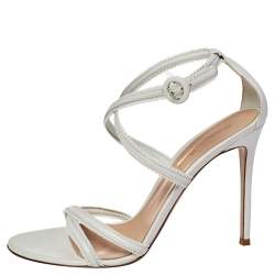 Pre Owned Gianvito Rossi White Leather Scalloped Bra Strap Ankle Strap Sandals Size 41