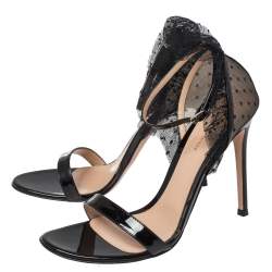 Pre Owned Gianvito Rossi Black Lace and Patent Leather Annabelle Ruffled Tulle Ankle Strap Sandals Size 40