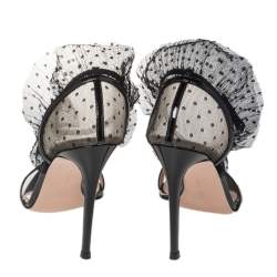 Pre Owned Gianvito Rossi Black Lace and Patent Leather Annabelle Ruffled Tulle Ankle Strap Sandals Size 40