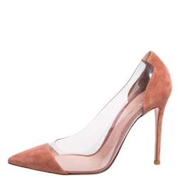 Pre Owned Gianvito Rossi Beige Suede and PVC Plexi Pointed Toe Pumps Size 41