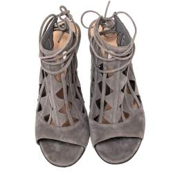 Pre Owned Gianvito Rossi Grey Suede Cutout Maxine Ankle Wrap Sandals Size 39