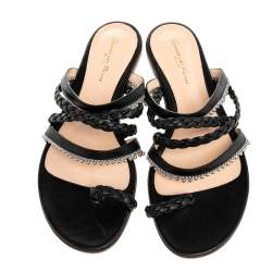 Pre Owned Gianvito Rossi Black Leather Embellished Strappy Flat Slide Sandals Size 39