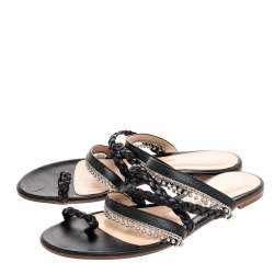 Pre Owned Gianvito Rossi Black Leather Embellished Strappy Flat Slide Sandals Size 39