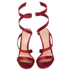Pre Owned Gianvito Rossi Red Satin Opera Twirl Ankle Wrap Sandals Size 38.5