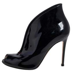 Pre Owned Gianvito Rossi Black Patent Leather Vamp Peep Toe Booties Size 37.5