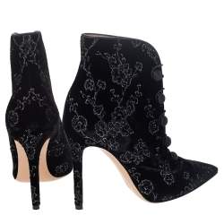 Pre Owned Gianvito Rossi Black Floral Embroidered Velvet Empress Ankle Booties Size 38