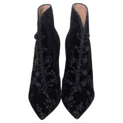 Pre Owned Gianvito Rossi Black Floral Embroidered Velvet Empress Ankle Booties Size 38