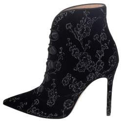 Pre Owned Gianvito Rossi Black Floral Embroidered Velvet Empress Ankle Booties Size 38
