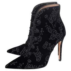 Pre Owned Gianvito Rossi Black Floral Embroidered Velvet Empress Ankle Booties Size 38