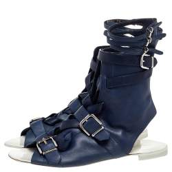 Pre Owned Gianvito Rossi Blue Leather Buckle Gladiator Ankle Length Flat Sandals Size 38