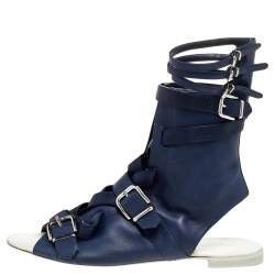 Pre Owned Gianvito Rossi Blue Leather Buckle Gladiator Ankle Length Flat Sandals Size 38