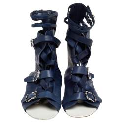 Pre Owned Gianvito Rossi Blue Leather Buckle Gladiator Ankle Length Flat Sandals Size 38