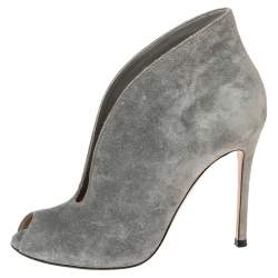 Pre Owned Gianvito Rossi Grey Suede Vamp Peep Toe Booties Size 37