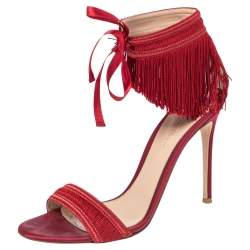 Pre Owned Gianvitto Rossi Red Satin Olivia Fringe Ankle Wrap Sandals Size 39.5