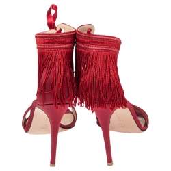 Pre Owned Gianvitto Rossi Red Satin Olivia Fringe Ankle Wrap Sandals Size 39.5