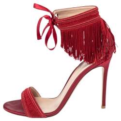 Pre Owned Gianvitto Rossi Red Satin Olivia Fringe Ankle Wrap Sandals Size 39.5