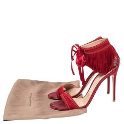 Pre Owned Gianvitto Rossi Red Satin Olivia Fringe Ankle Wrap Sandals Size 39.5