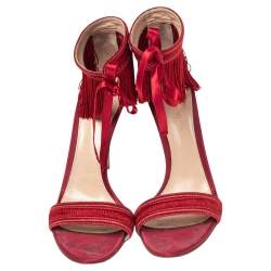 Pre Owned Gianvitto Rossi Red Satin Olivia Fringe Ankle Wrap Sandals Size 39.5